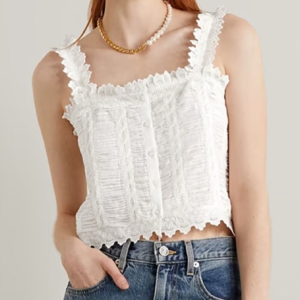 Doen Ari Cotton Ruched Scallop Ruffle Button Eyelet Cami Tank Crop Top Salt - Picture 2 of 9